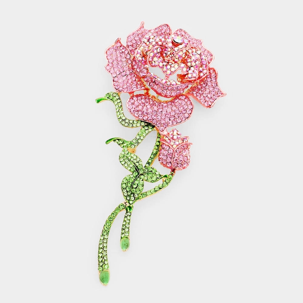 Pink Rose Rhinestone Crystal 5.5 Inch Bling Cluster Green Flower Vine Brooch Pin